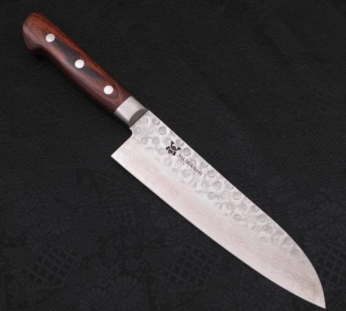 Снимка на Кухненски нож Musashi - Япония - ръчна изработка - стомана VG10 - Tsuchime Damascus - Santoku 180мм